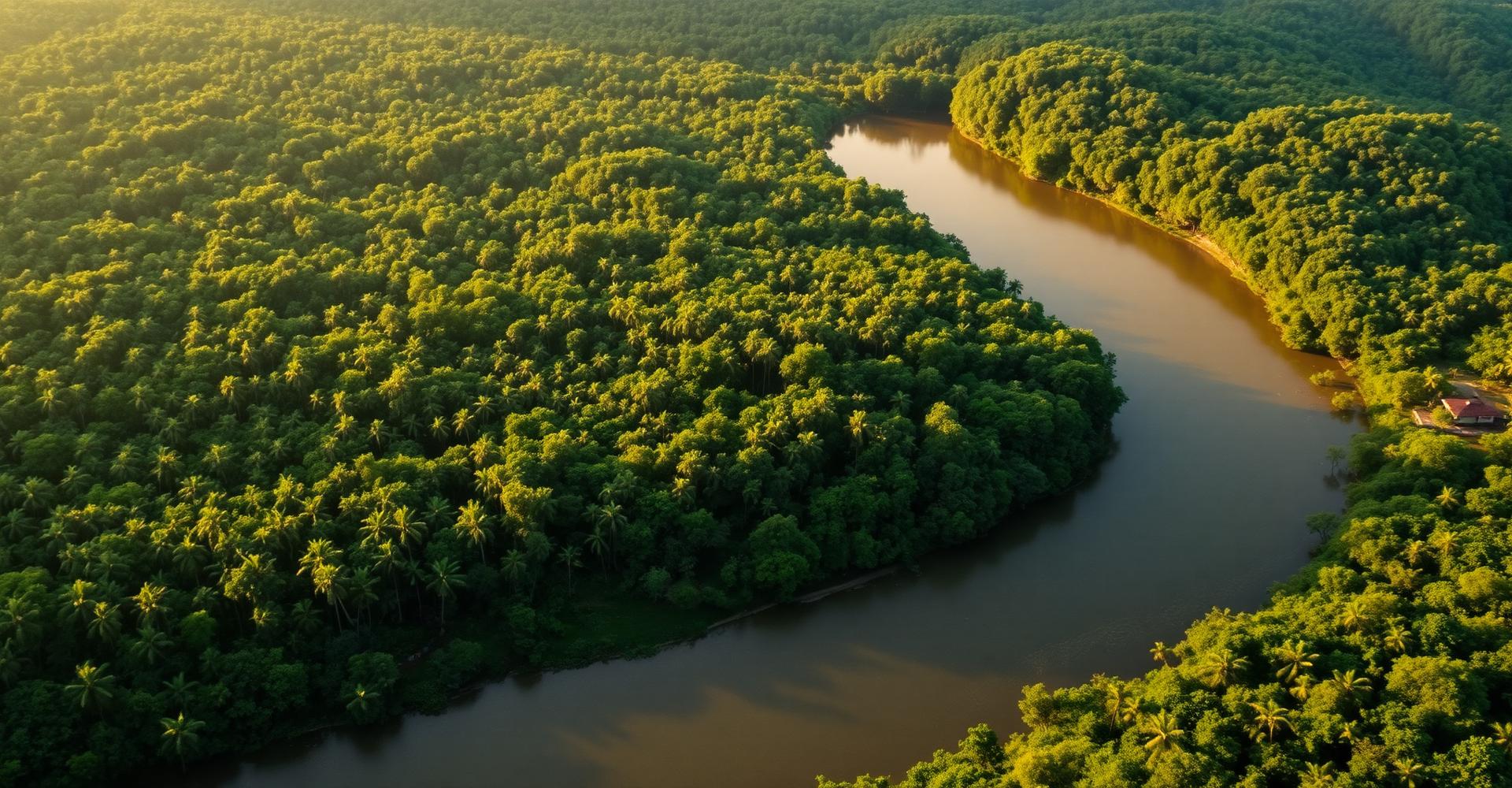 Vista aérea do rio e da floresta amazônica próximos à produção da Paulista